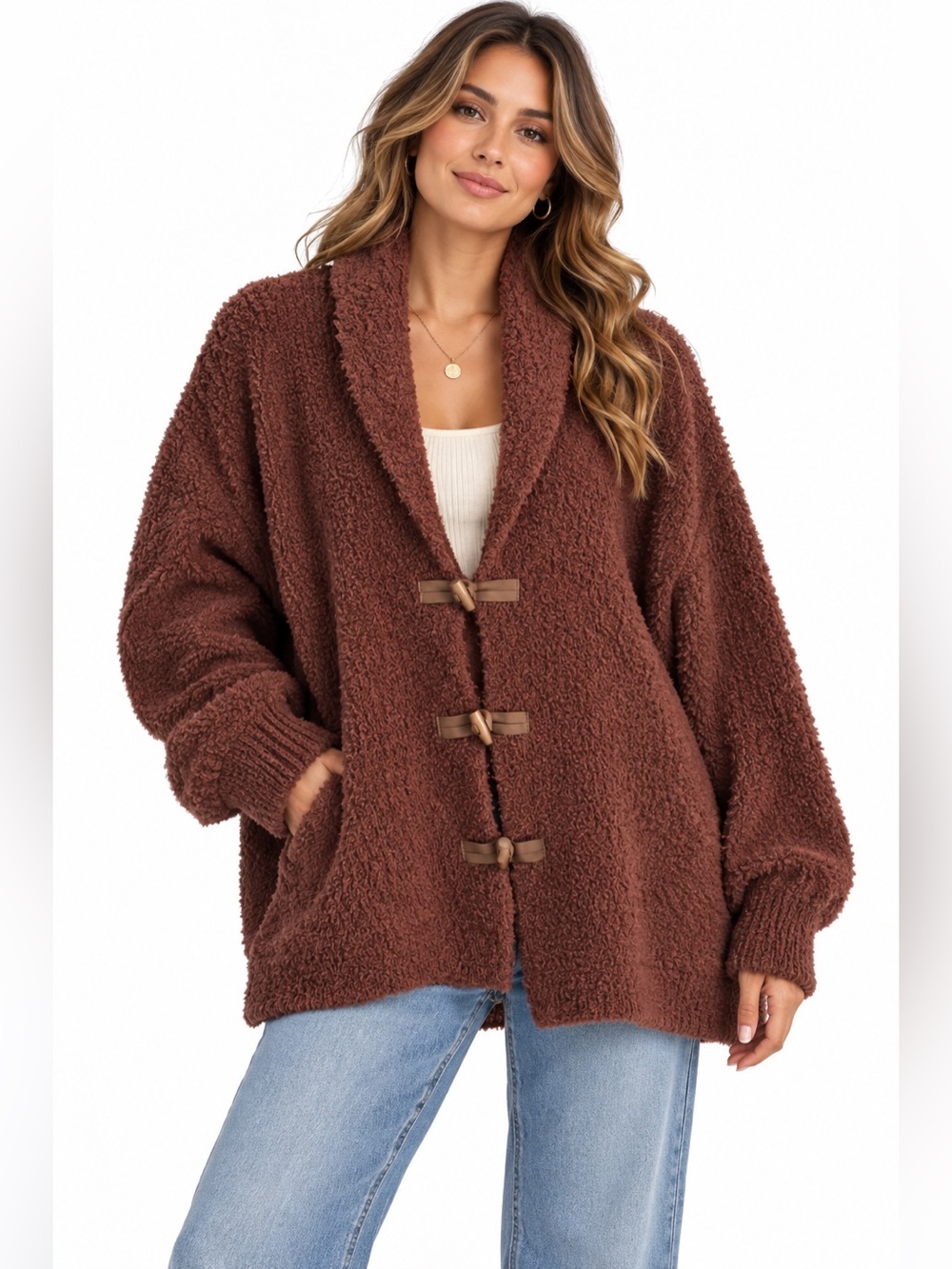 Cozy Bouclé Toggle Cardigan Sweater - Brown